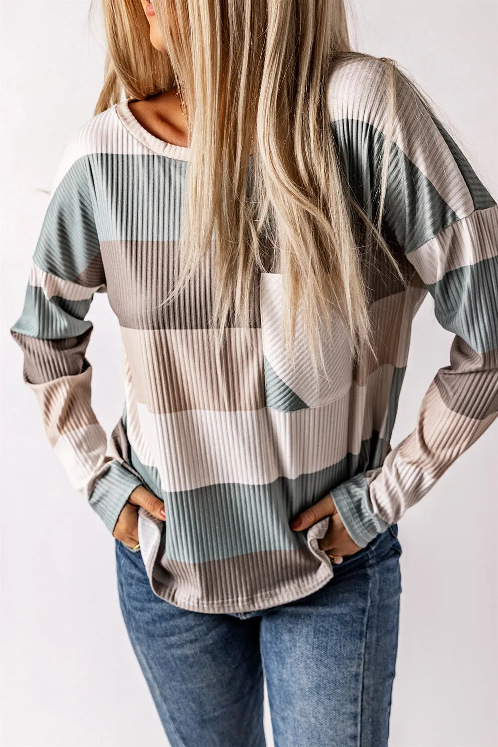 Green Colour Block Ribbed Long Sleeve Top with Pocket sold by Beagle Boutique product image thumbnail 3
