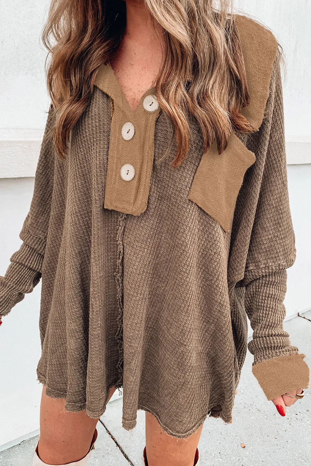 Brown Waffle Knit Buttoned Long Sleeve Top sold by Beagle Boutique