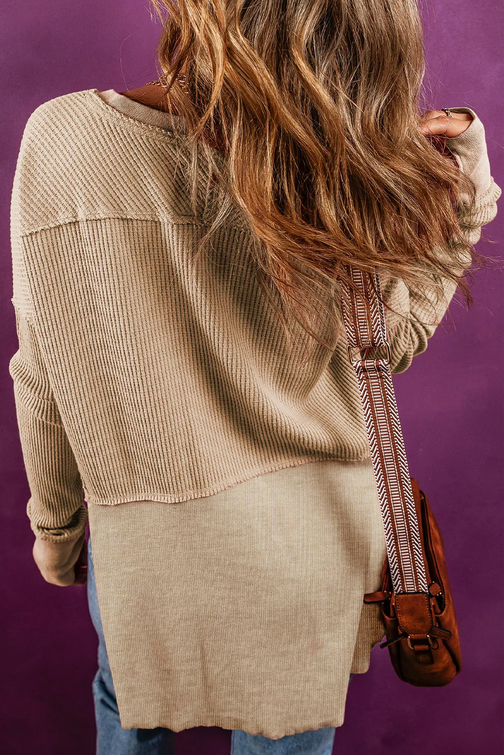 Light French Beige Exposed Seam Slit Neck Waffle Knit Patchwork Top sold by Beagle Boutique product image thumbnail 2