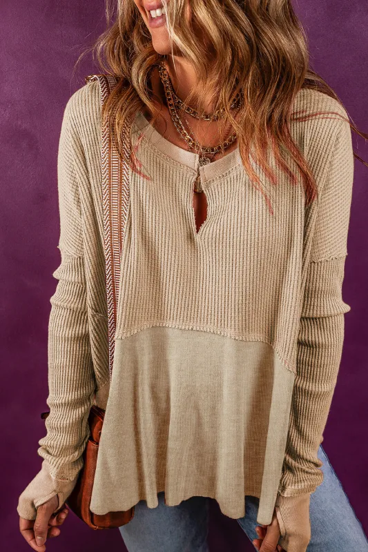 Light French Beige Exposed Seam Slit Neck Waffle Knit Patchwork Top sold by Beagle Boutique