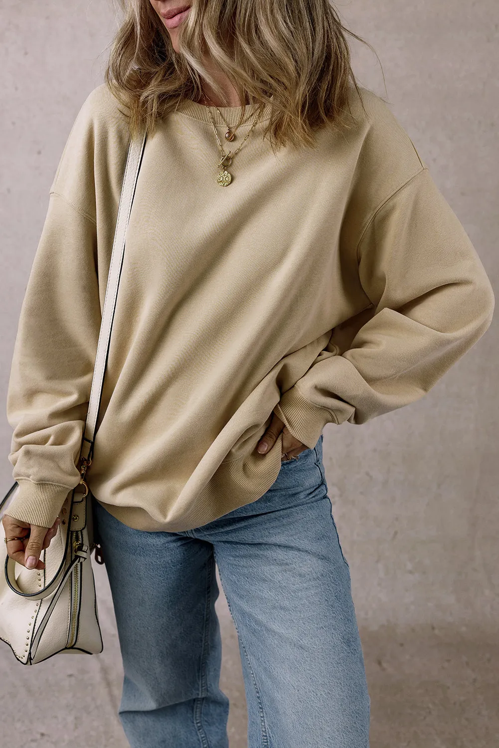 Parchment Solid Loose Crew Neck Fleece Sweatshirt sold by Beagle Boutique product image thumbnail 3