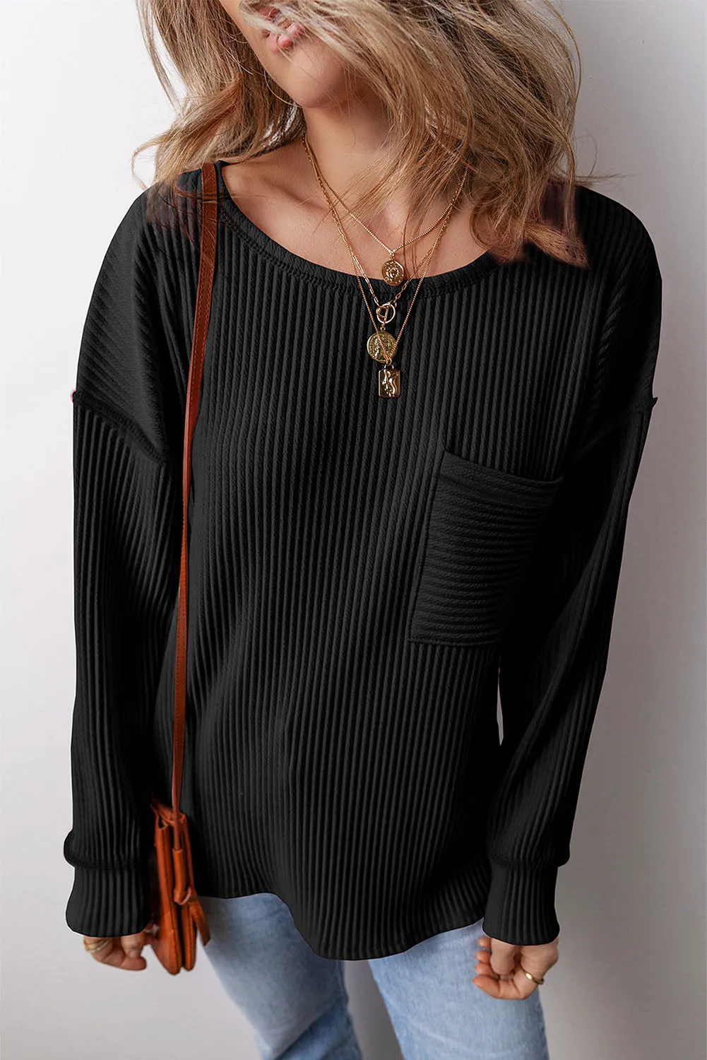 Apricot Solid Color Corded Drop Shoulder Long Sleeve Top sold by Beagle Boutique product image thumbnail 4