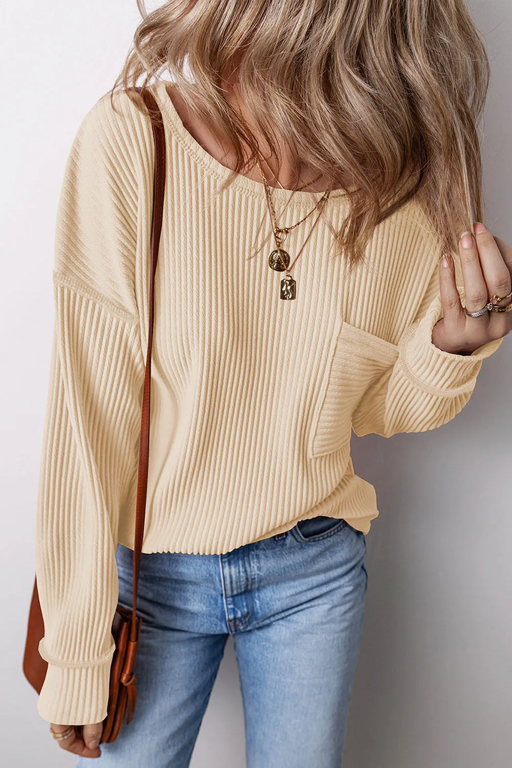Apricot Solid Color Corded Drop Shoulder Long Sleeve Top sold by Beagle Boutique product image thumbnail 3