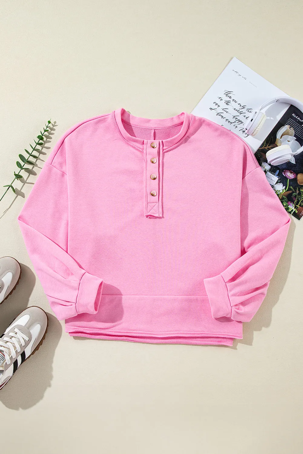 Sachet Pink Solid Color Buttoned Neckline Loose Sweatshirt sold by Beagle Boutique product image thumbnail 3