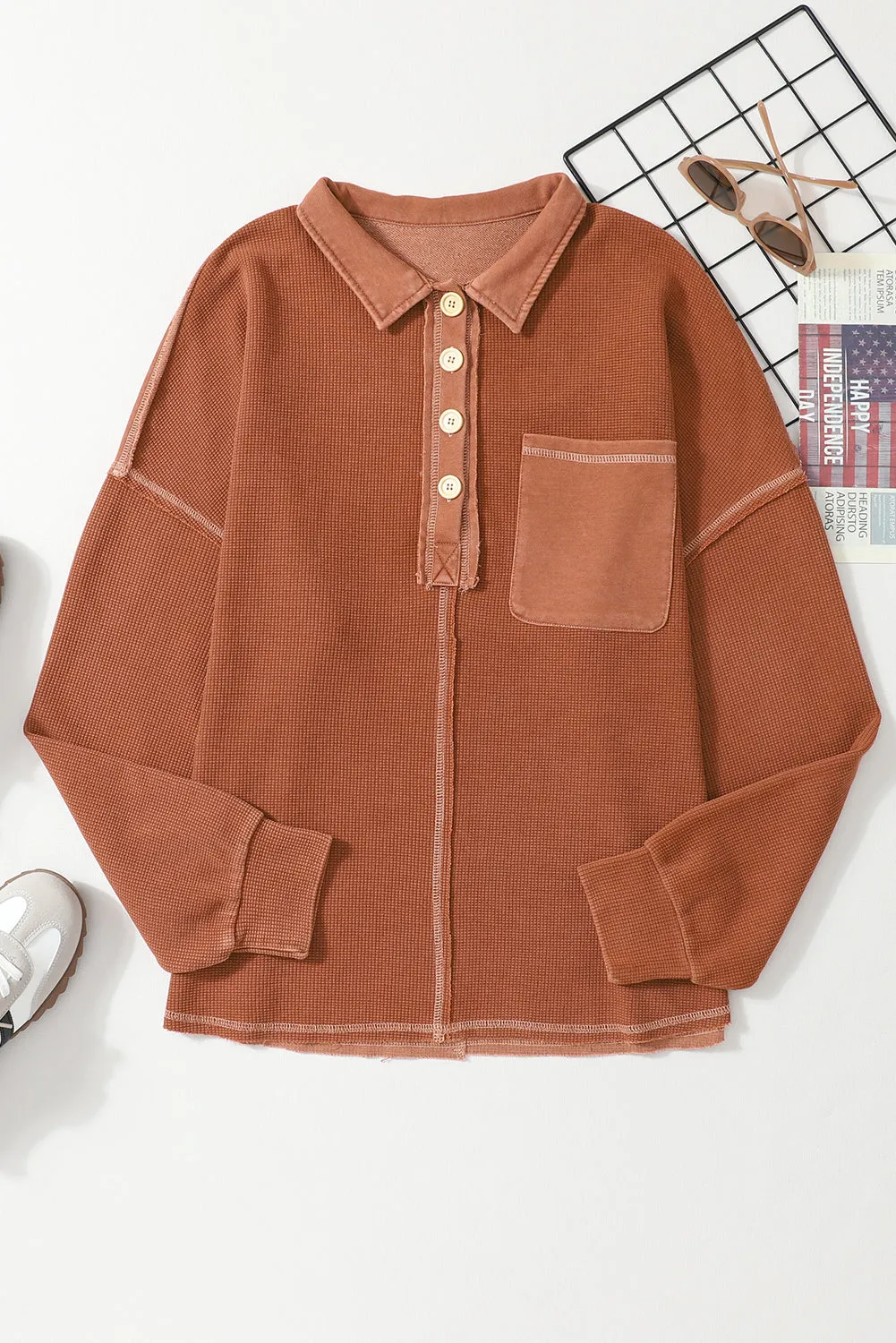 Chestnut Waffle Exposed Seam Pocket Henley Sweatshirt sold by Beagle Boutique product image thumbnail 3