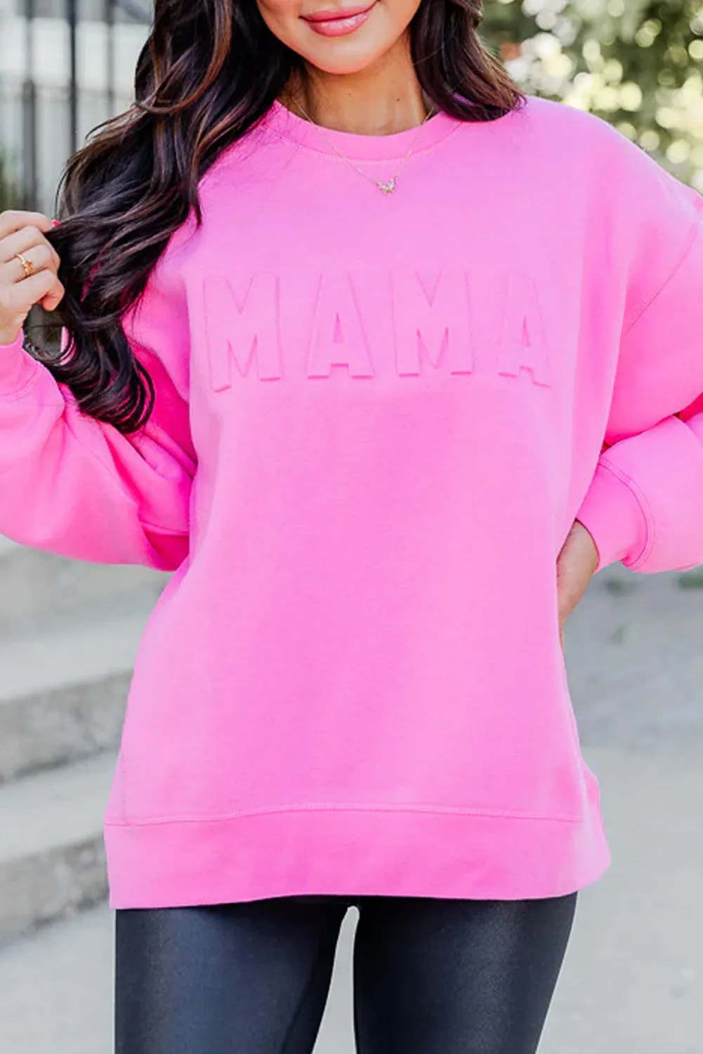 Bright Pink MAMA Letter Embossed Casual Sweatshirt sold by Beagle Boutique