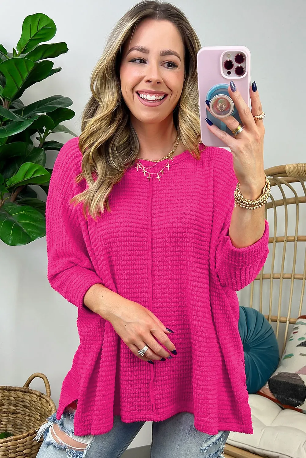 Rose Red Textured Center Seam Long Sleeve Split Top sold by Beagle Boutique product image thumbnail 3