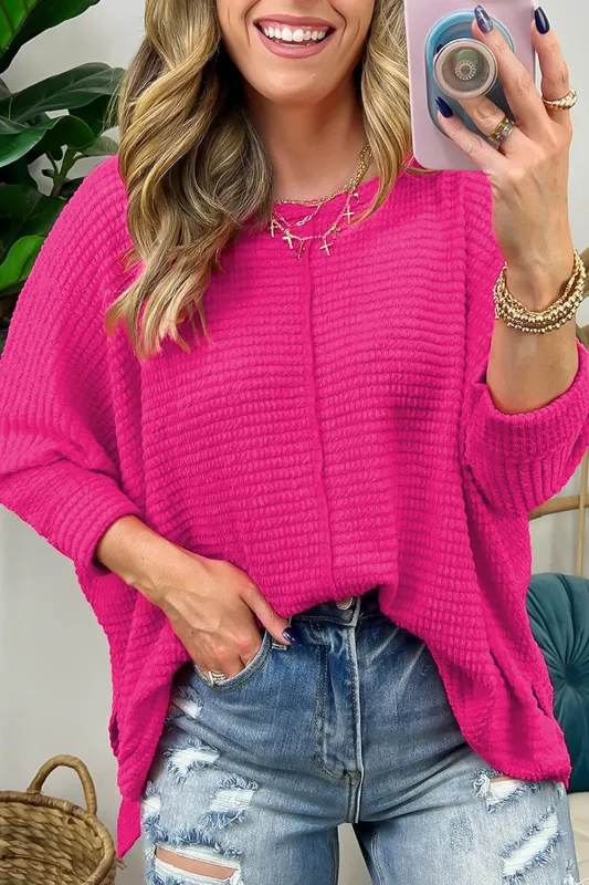Rose Red Textured Center Seam Long Sleeve Split Top sold by Beagle Boutique