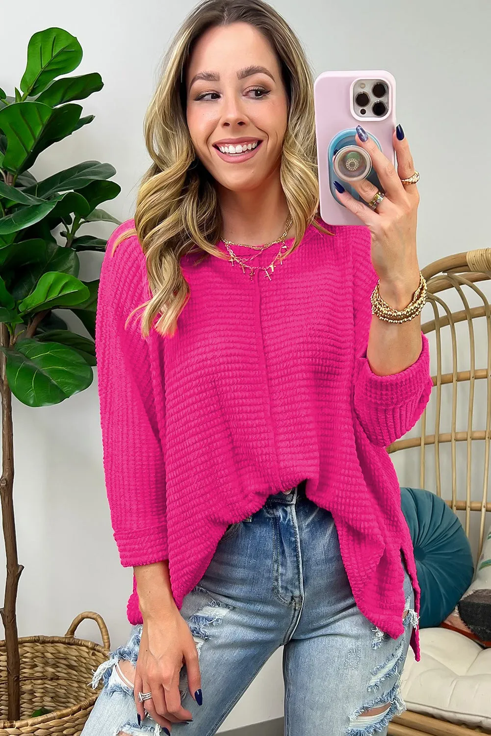 Rose Red Textured Center Seam Long Sleeve Split Top sold by Beagle Boutique product image thumbnail 2