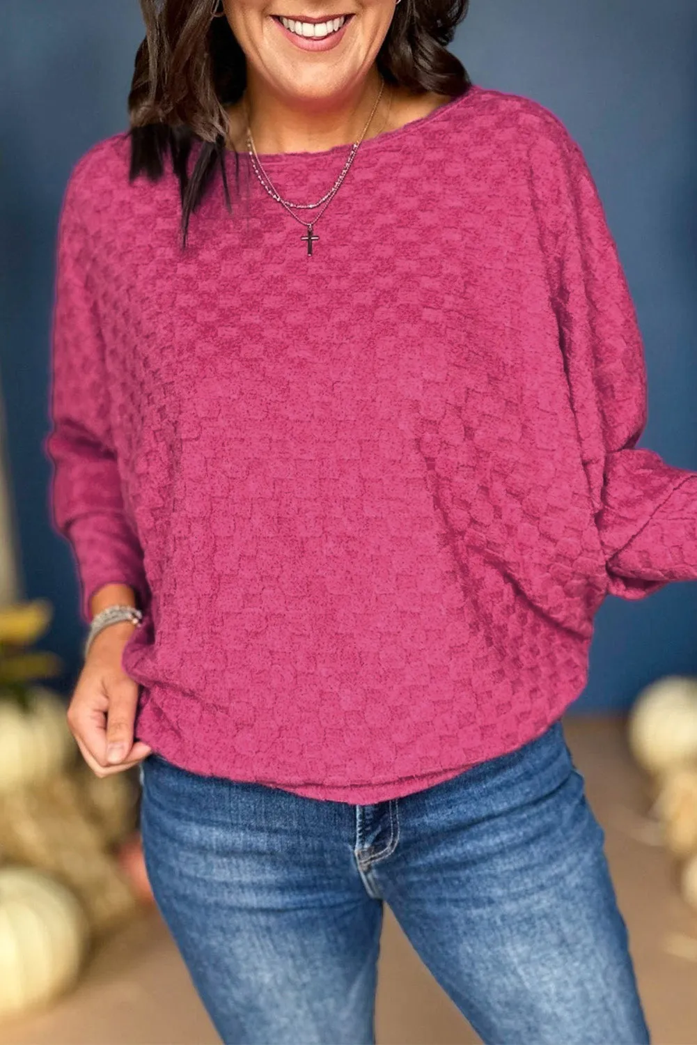 Bright Pink Checker Textured Dolman Sleeve Top sold by Beagle Boutique