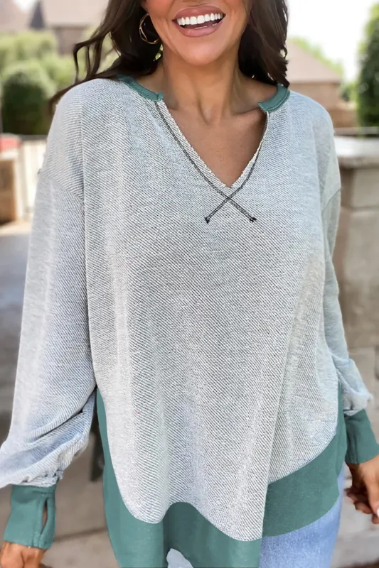 Laurel Green Exposed Seam Contrast Edge Notched Neck Sweatshirt sold by Beagle Boutique