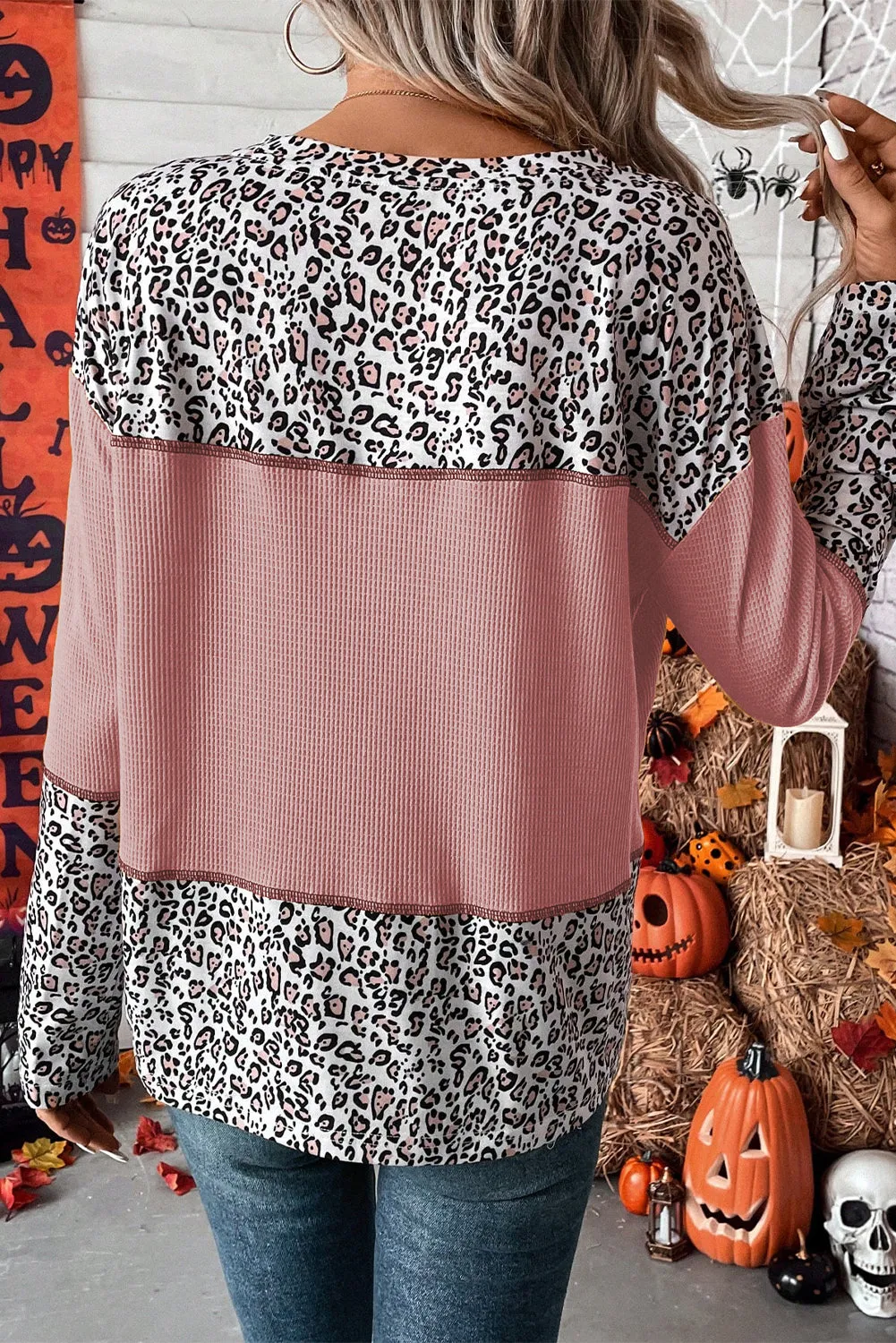 Light Pink Leopard Print Waffle Knit Patchwork Top sold by Beagle Boutique product image thumbnail 2