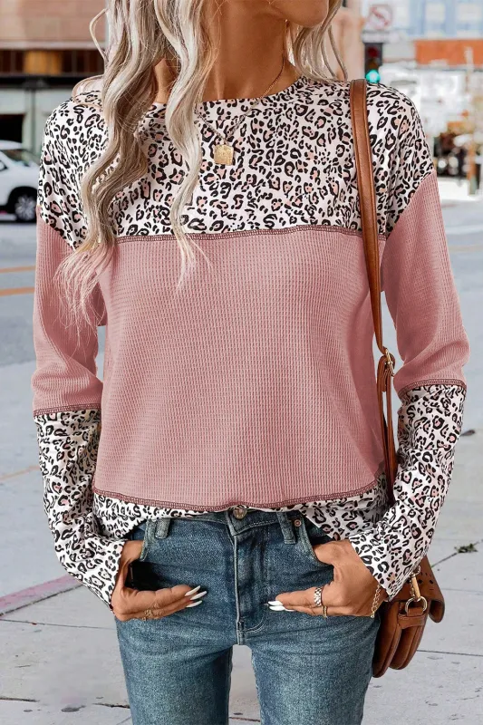 Light Pink Leopard Print Waffle Knit Patchwork Top sold by Beagle Boutique