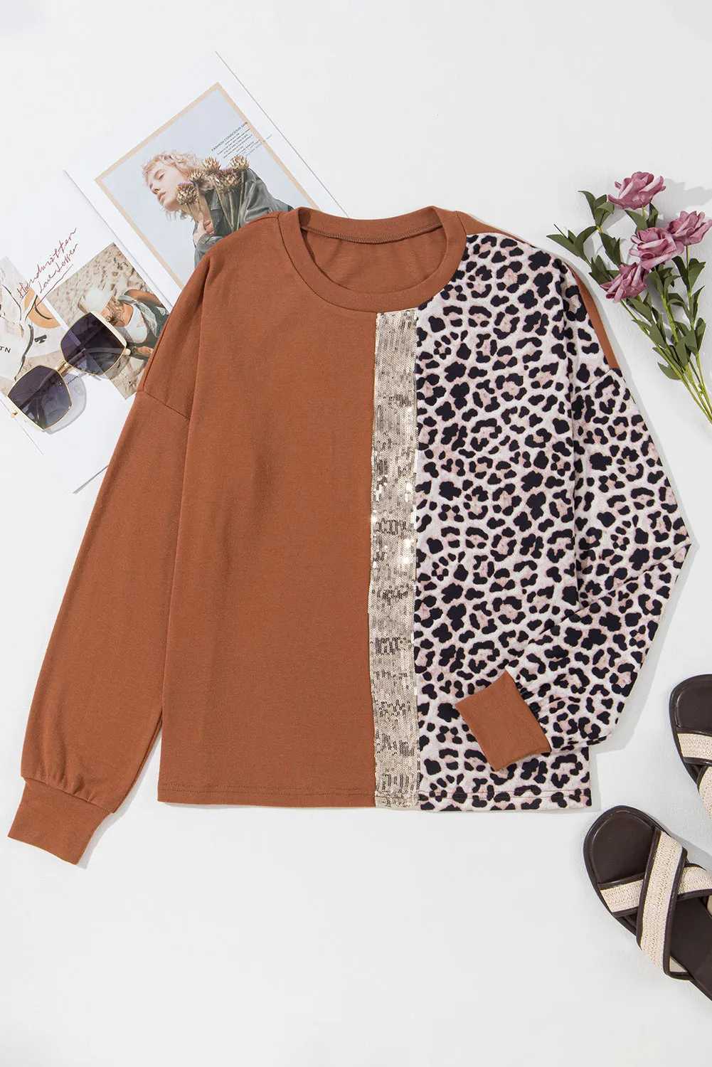 Gold Flame Leopard Print Sequin Colorblock Long Sleeve Top sold by Beagle Boutique product image thumbnail 3