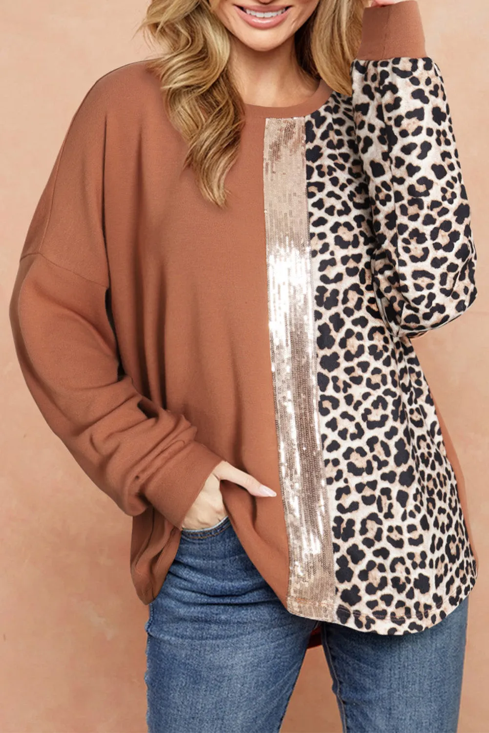 Gold Flame Leopard Print Sequin Colorblock Long Sleeve Top sold by Beagle Boutique