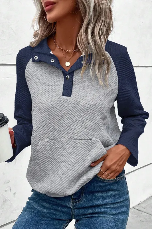 Gray Textured Contrast Splicing Raglan Sleeve Top sold by Beagle Boutique