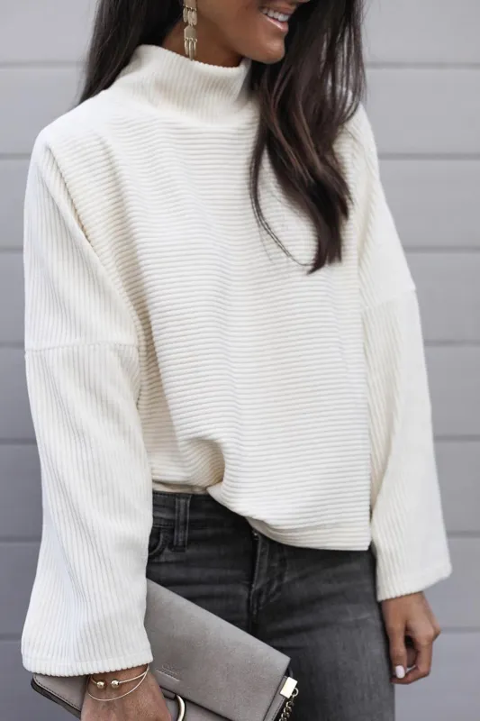 Snow White Ribbed High Neck Drop Shoulder Loose Top sold by Beagle Boutique
