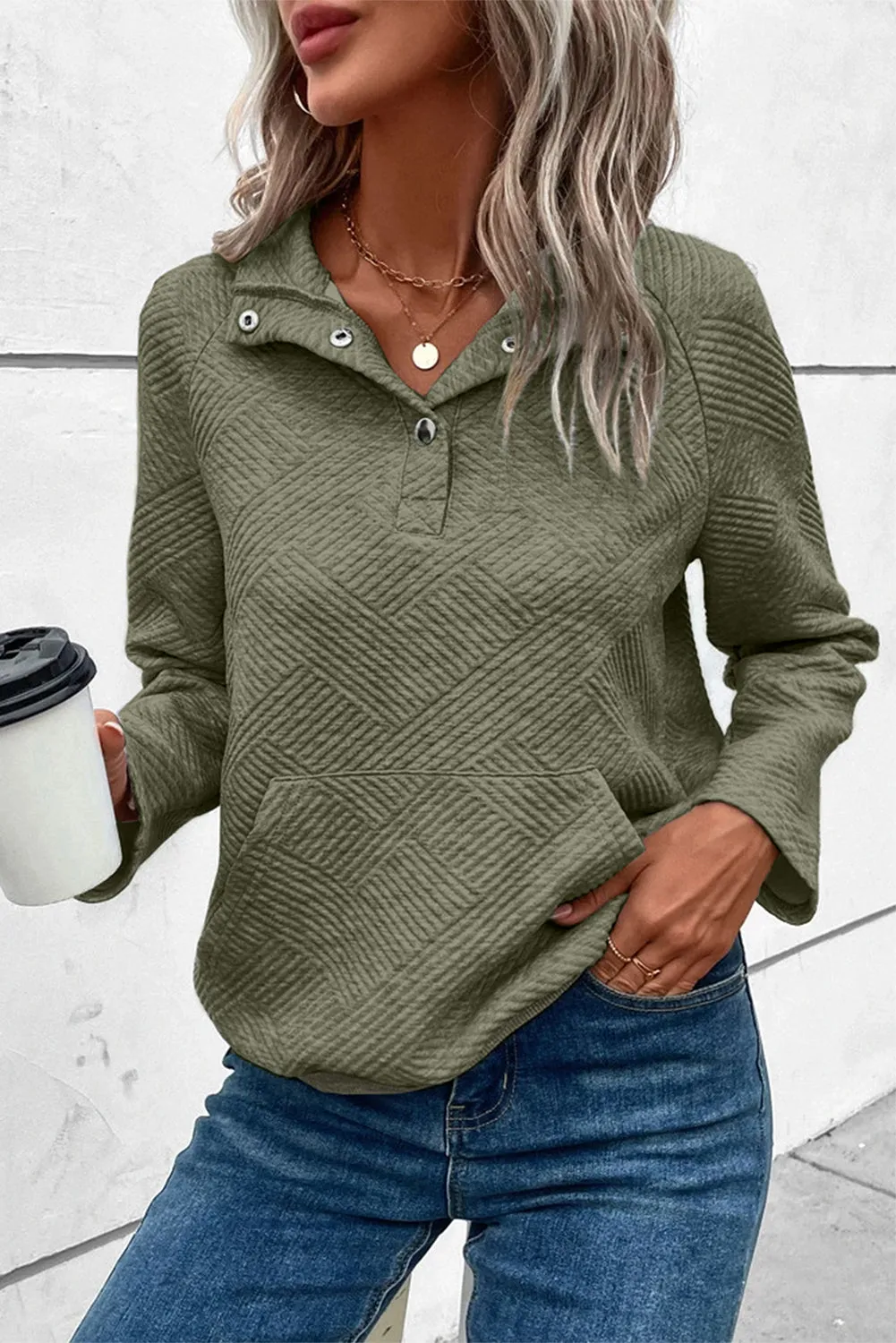Laurel Green Textured Knit Buttoned Kangaroo Pocket Sweatshirt sold by Beagle Boutique