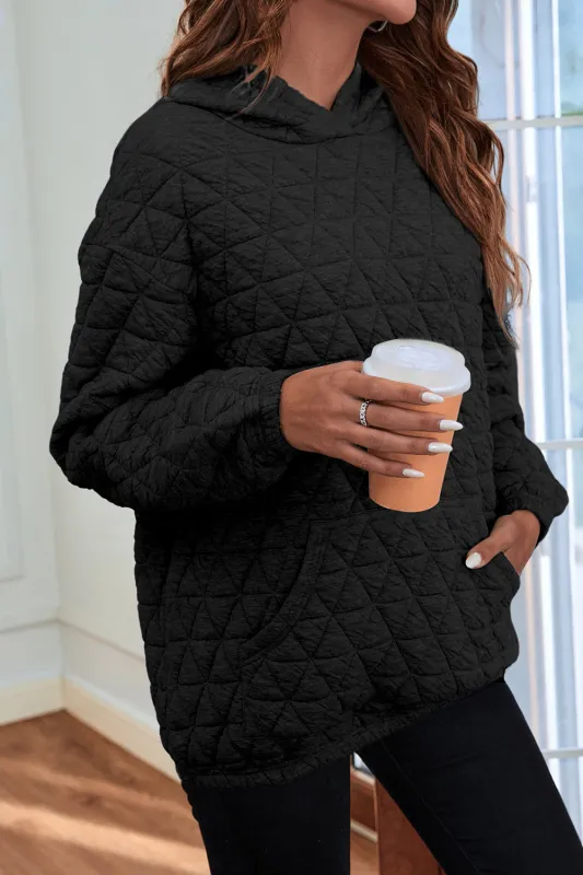 Black Solid Color Quilted Kangaroo Pocket Hoodie sold by Beagle Boutique