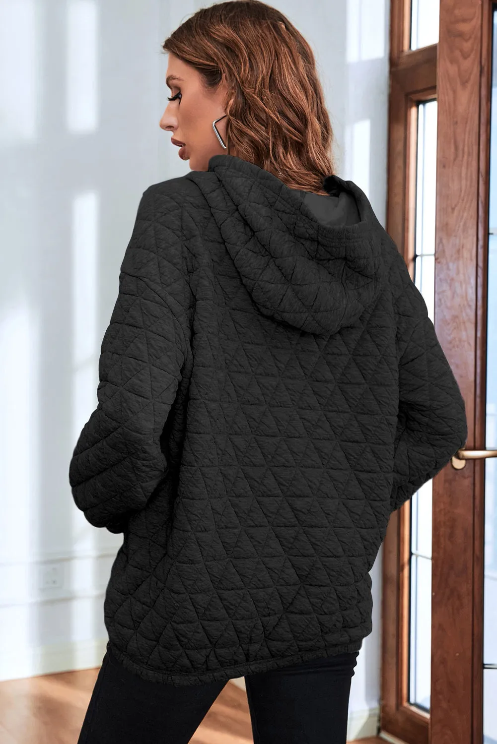 Black Solid Color Quilted Kangaroo Pocket Hoodie sold by Beagle Boutique product image thumbnail 2