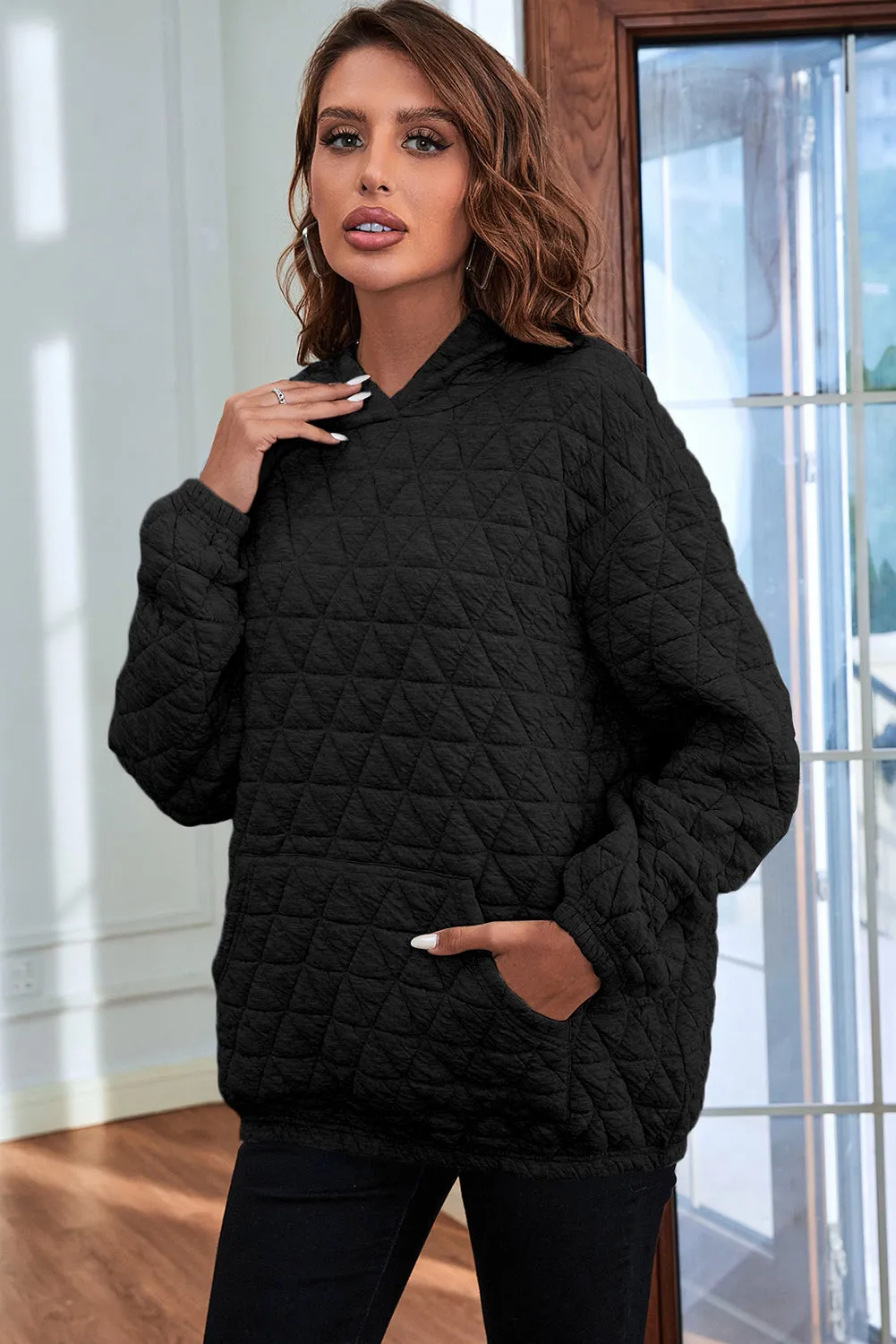 Black Solid Color Quilted Kangaroo Pocket Hoodie sold by Beagle Boutique product image thumbnail 3