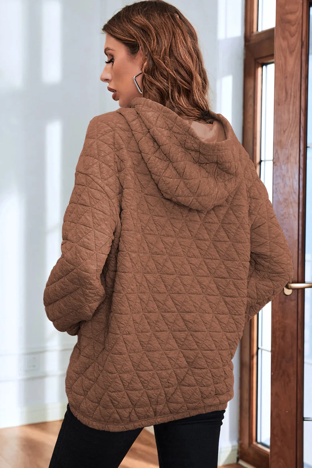 Coffee Solid Color Quilted Kangaroo Pocket Hoodie sold by Beagle Boutique product image thumbnail 2