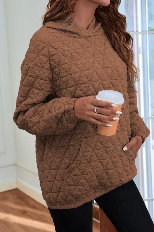 Coffee Solid Color Quilted Kangaroo Pocket Hoodie sold by Beagle Boutique