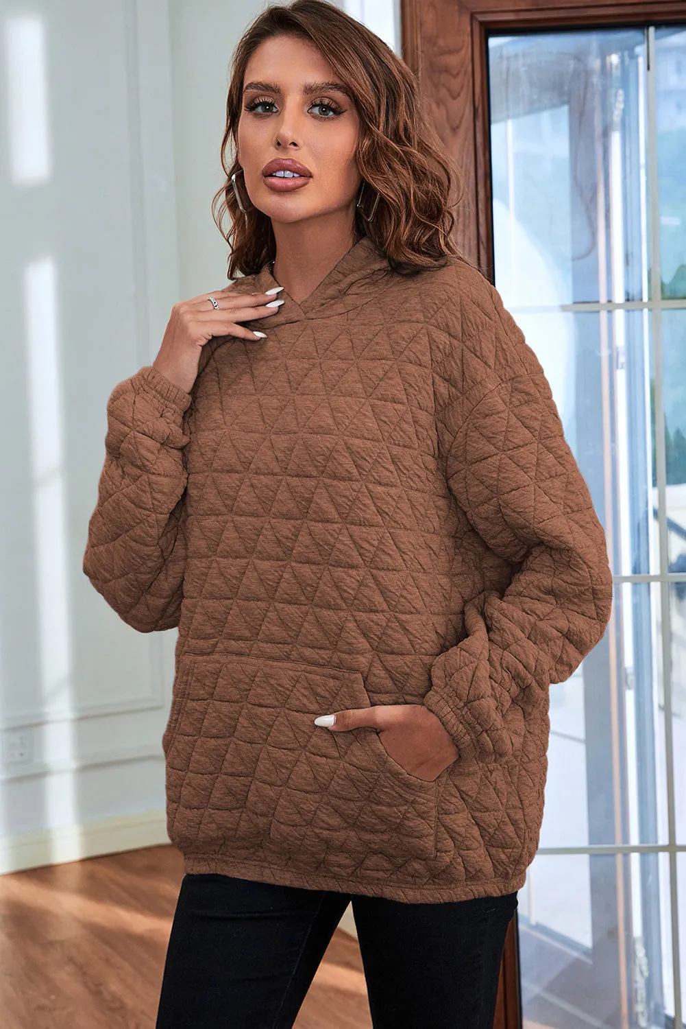 Coffee Solid Color Quilted Kangaroo Pocket Hoodie sold by Beagle Boutique product image thumbnail 3
