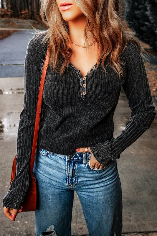Black Vintage Ribbed Knit Button V Neck Long Sleeve Top sold by Beagle Boutique