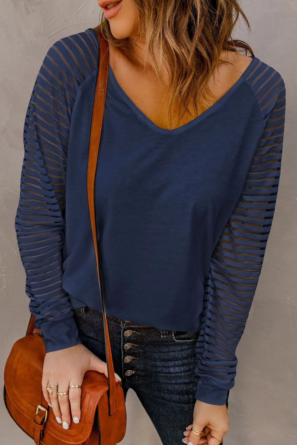 Blue Sheer Stripe V-Neck Top sold by Beagle Boutique