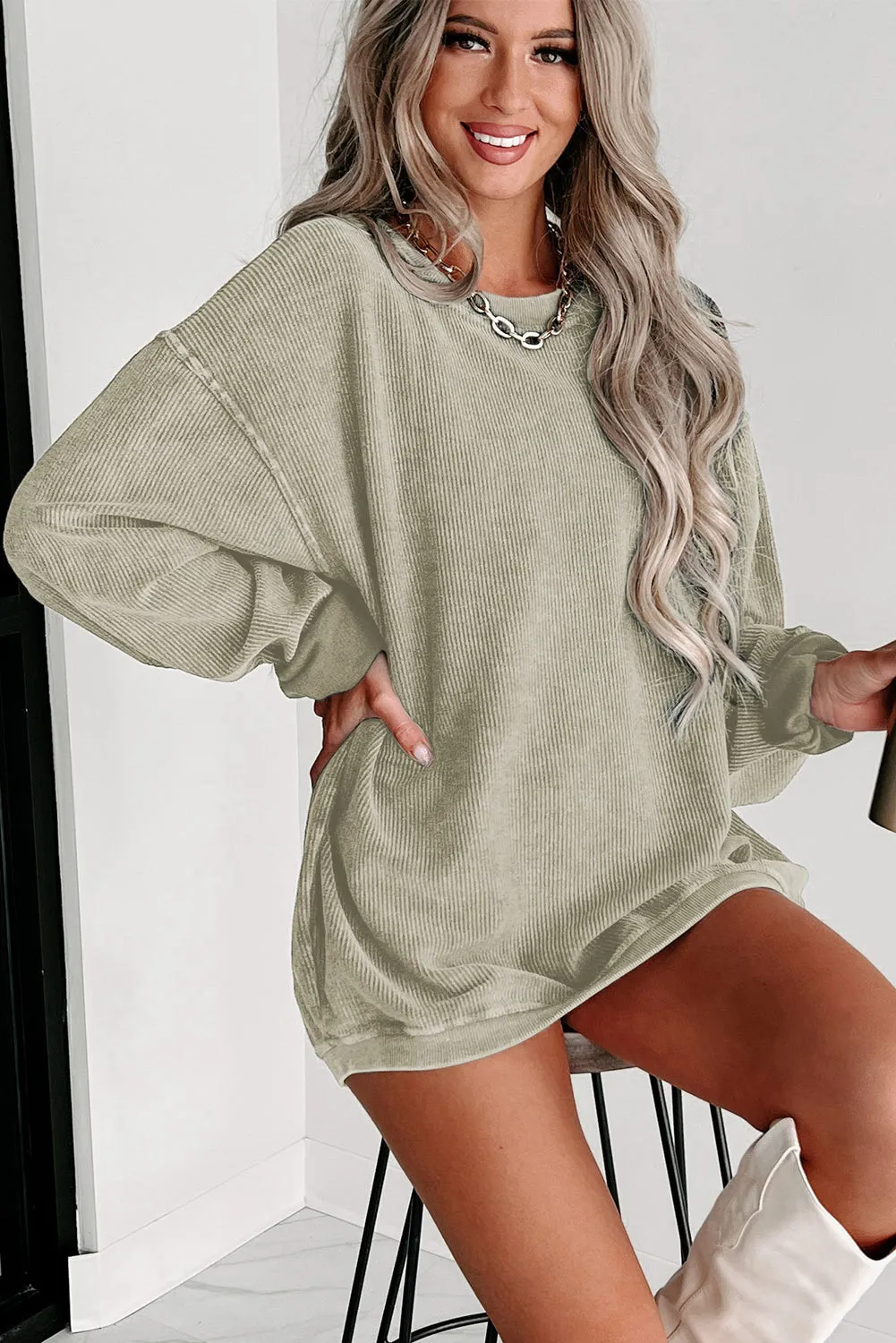 Green Solid Ribbed Knit Round Neck Pullover Sweatshirt sold by Beagle Boutique product image thumbnail 2