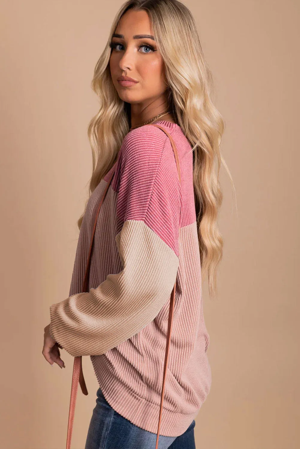 Pink Colour Block Long Sleeve Ribbed Loose Top sold by Beagle Boutique product image thumbnail 3