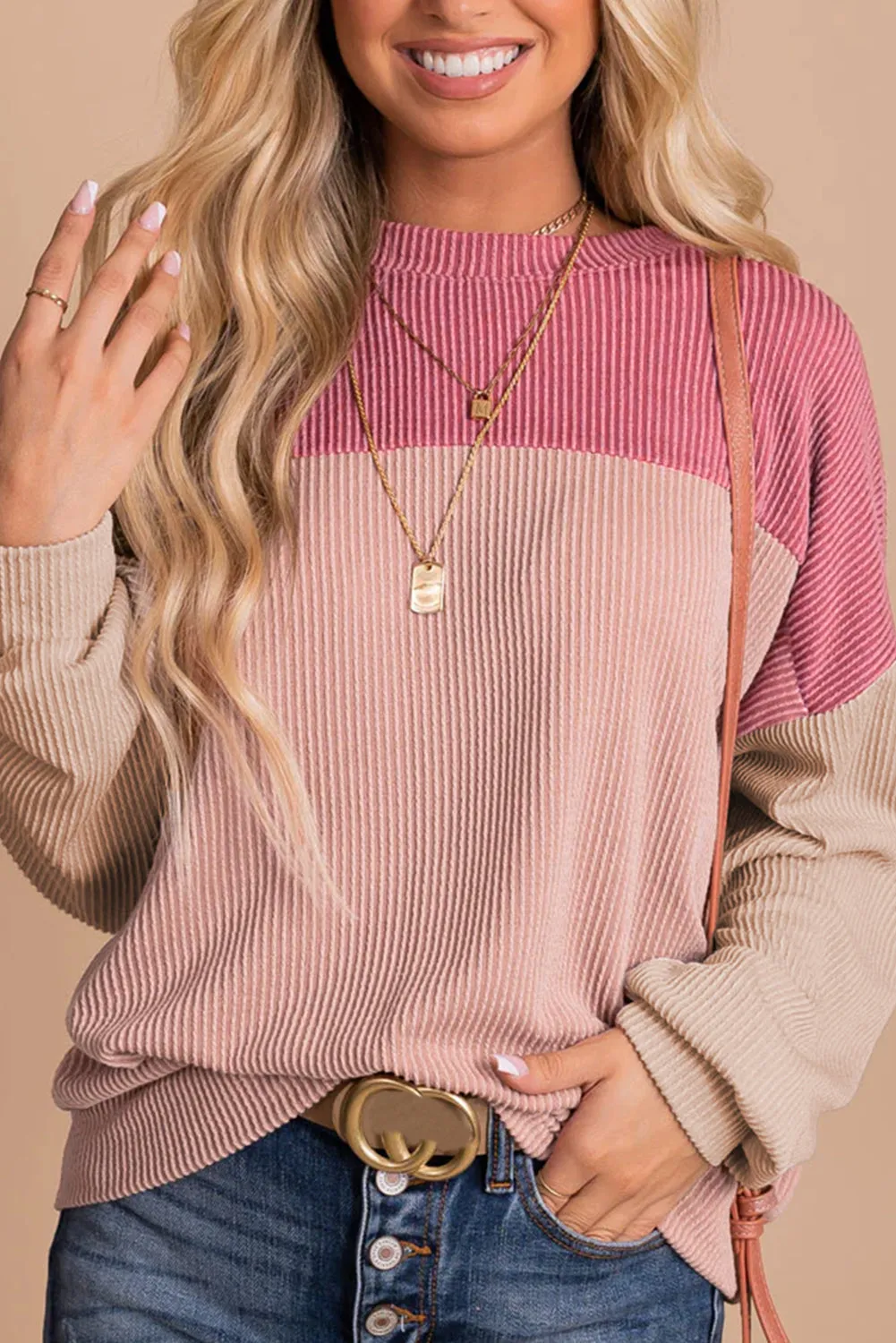 Pink Colour Block Long Sleeve Ribbed Loose Top sold by Beagle Boutique