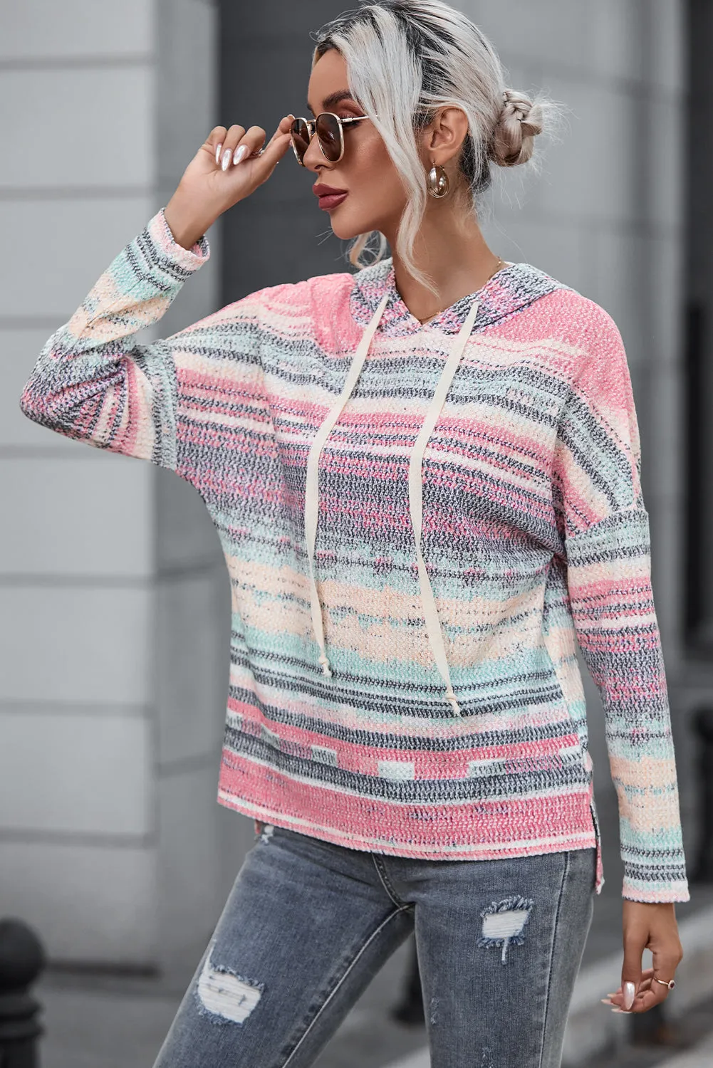 MultiColour Striped Print Cable Knit Drop Shoulder Hoodie sold by Beagle Boutique product image thumbnail 3