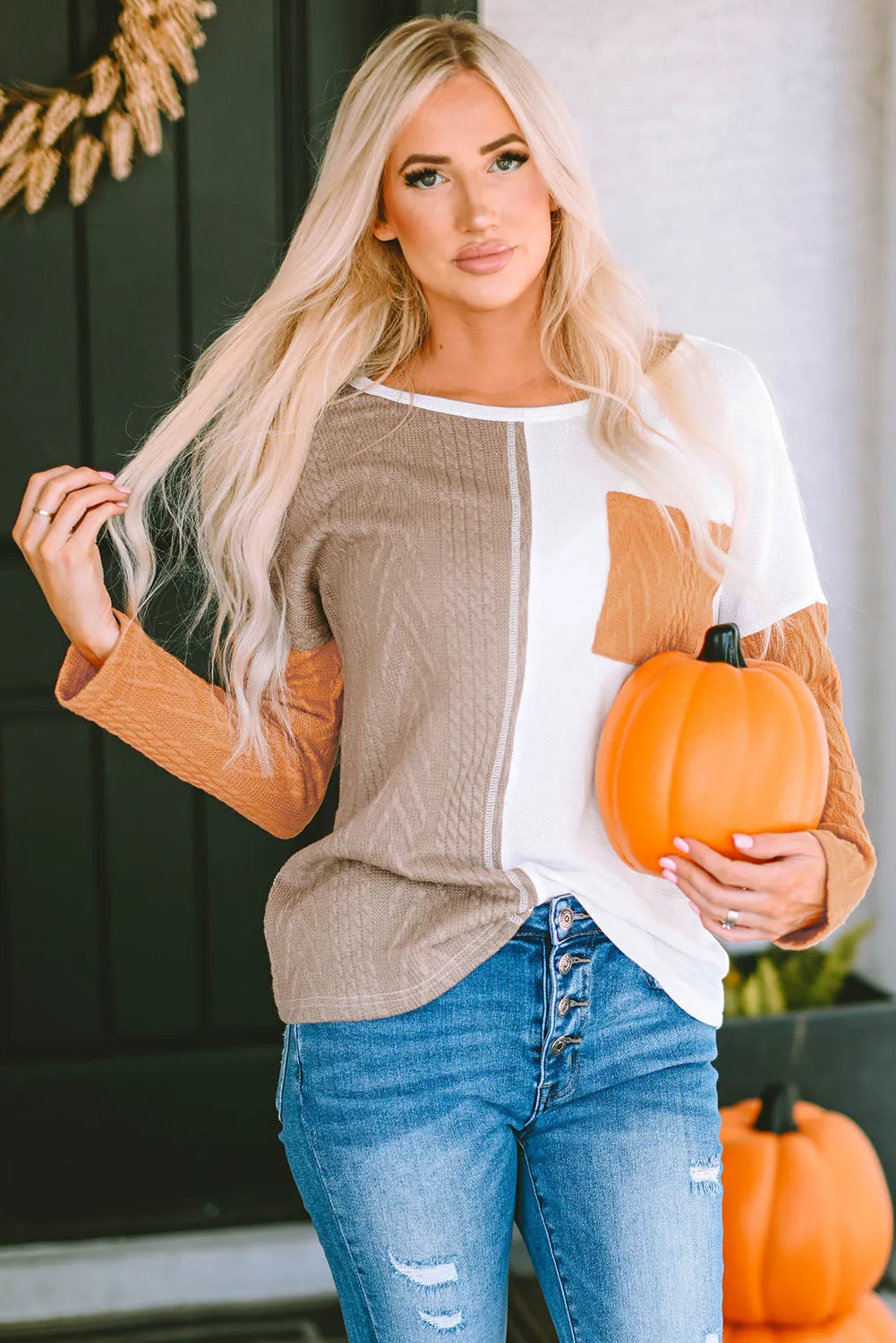 Long Sleeve Colourblock Chest Pocket Textured Knit Top sold by Beagle Boutique