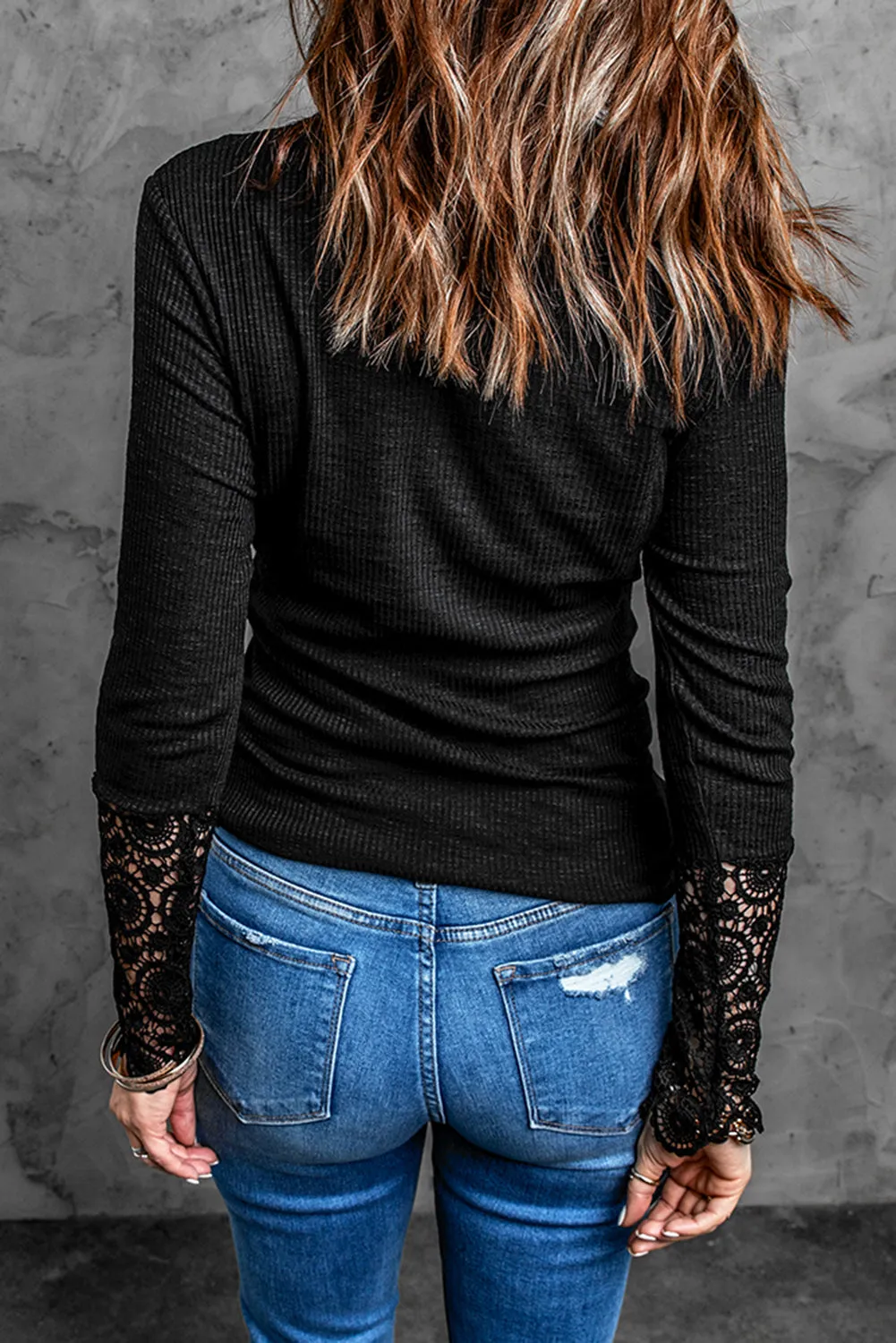 Black Crochet Lace Hem Sleeve Button Top sold by Beagle Boutique product image thumbnail 2