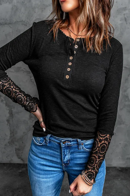 Black Crochet Lace Hem Sleeve Button Top sold by Beagle Boutique