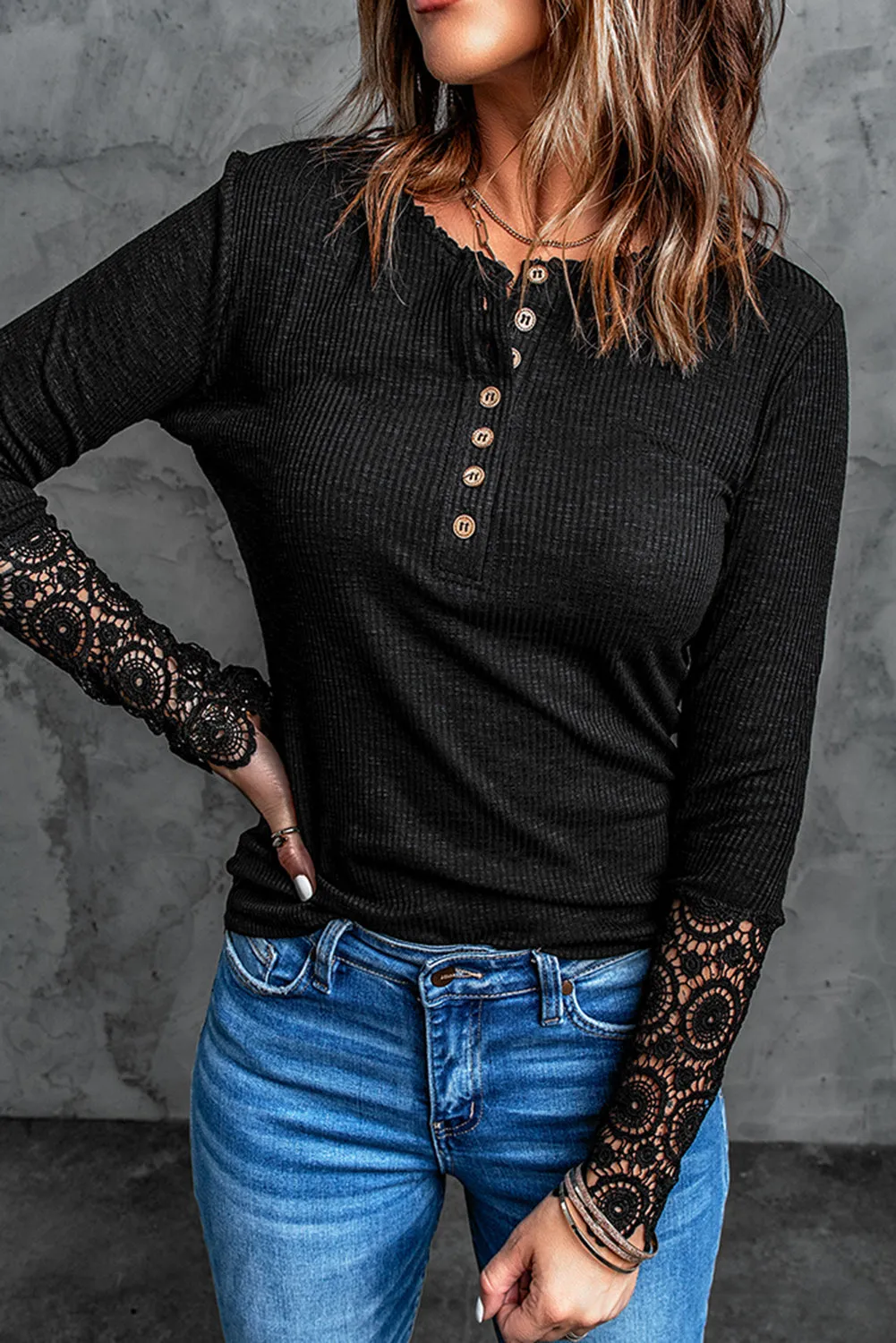 Black Crochet Lace Hem Sleeve Button Top sold by Beagle Boutique