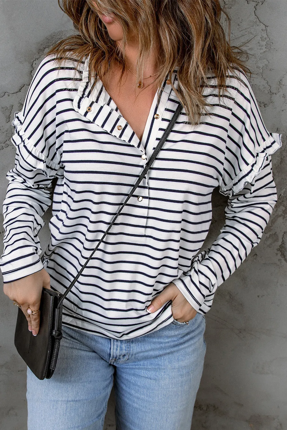 Black Striped Print Ruffled Buttoned Long Sleeve Top sold by Beagle Boutique product image thumbnail 3
