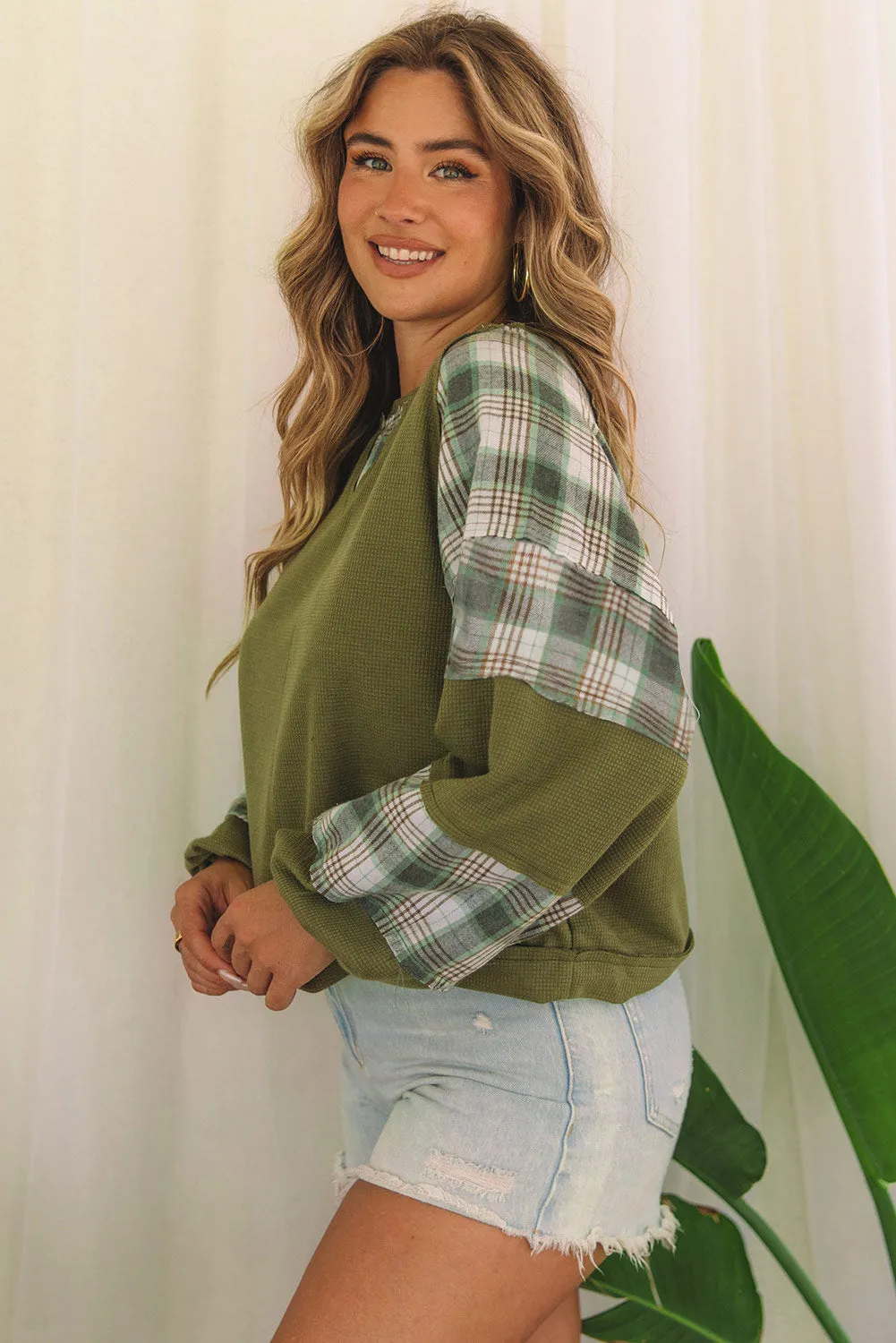 Green Plaid Patch Waffle Knit Exposed Seam Bubble Sleeve Top sold by Beagle Boutique product image thumbnail 3