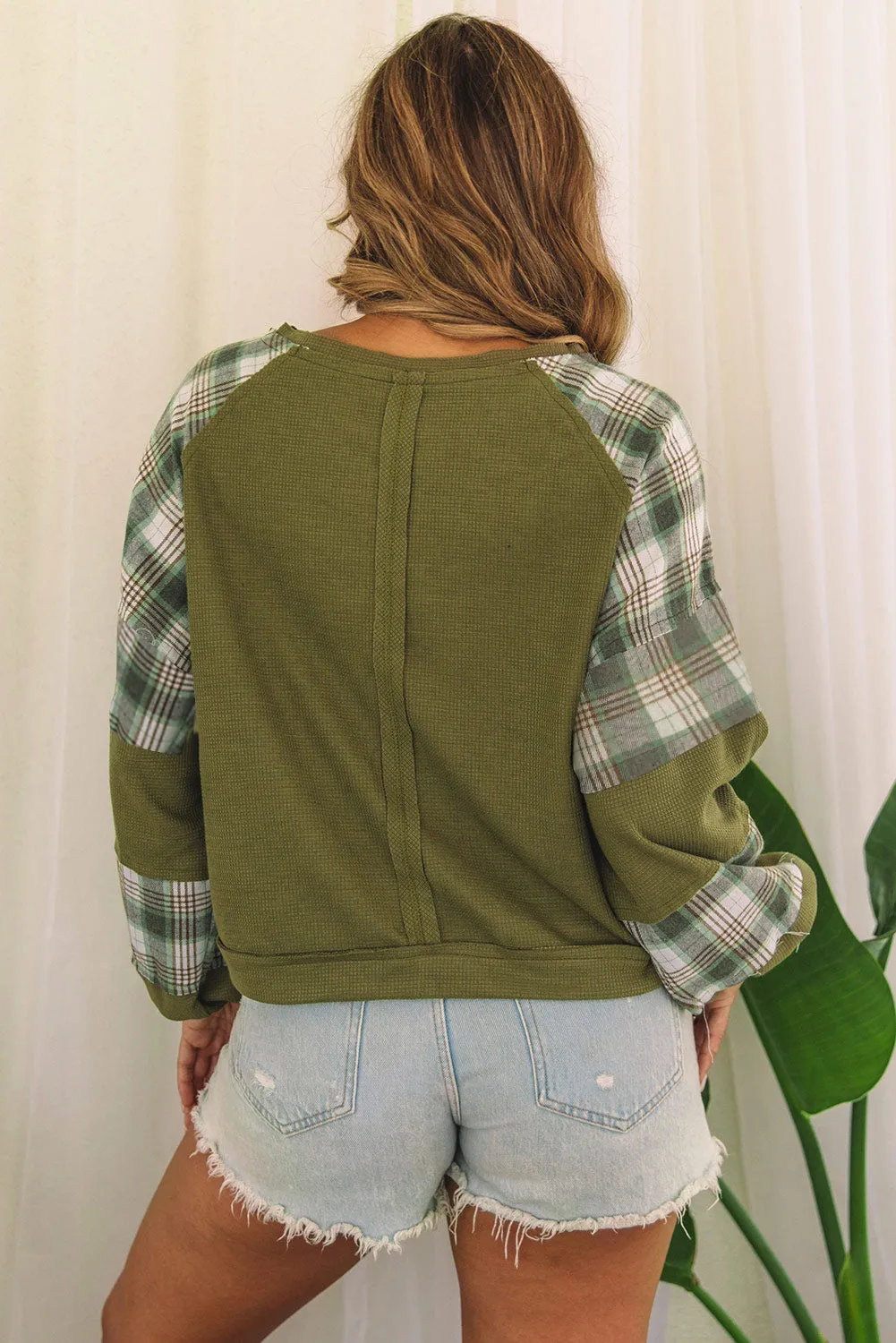 Green Plaid Patch Waffle Knit Exposed Seam Bubble Sleeve Top sold by Beagle Boutique product image thumbnail 2