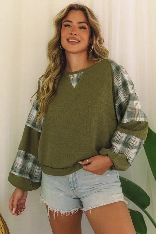 Green Plaid Patch Waffle Knit Exposed Seam Bubble Sleeve Top sold by Beagle Boutique