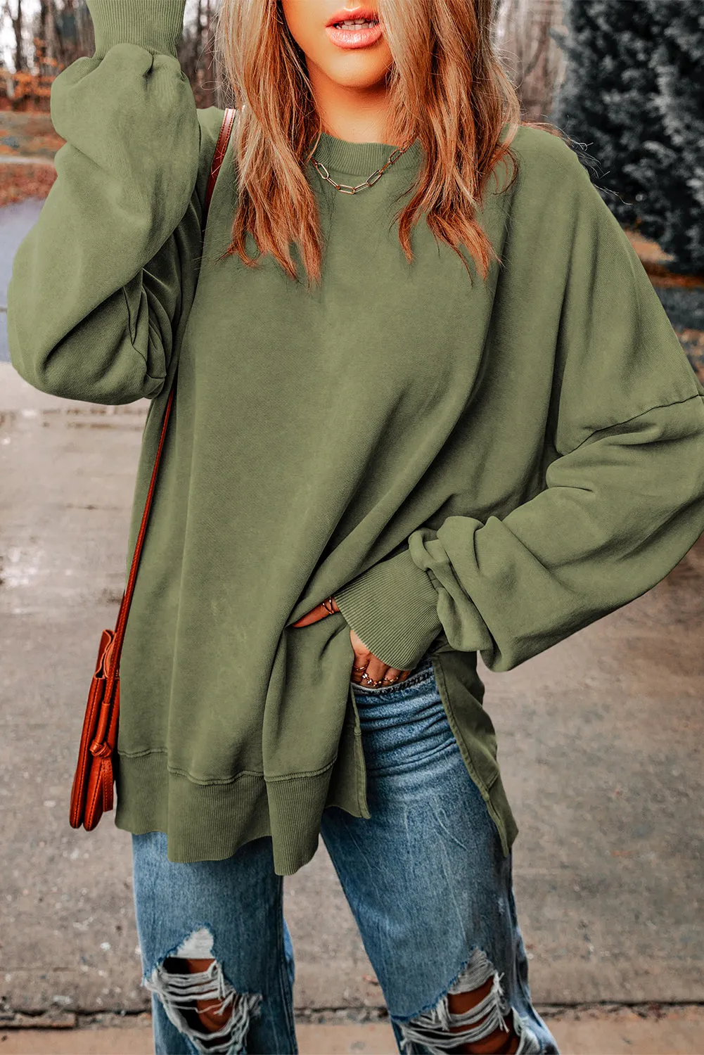 Green Drop Shoulder Ribbed Trim Oversized Sweatshirt sold by Beagle Boutique product image thumbnail 3