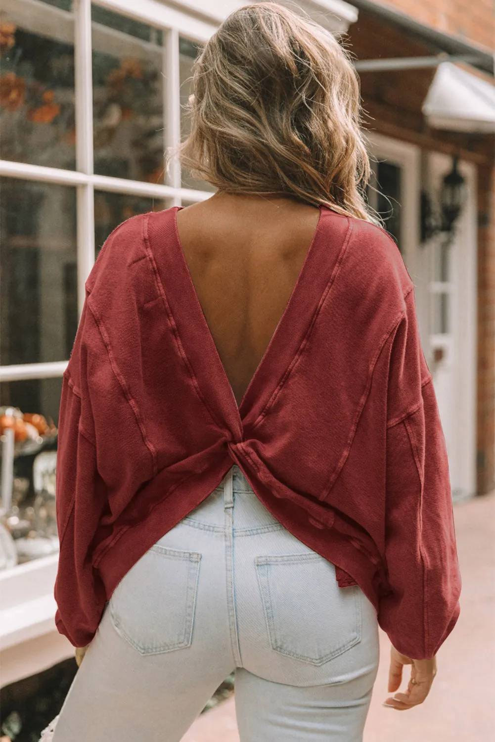 Khaki Exposed Seam Twist Open Back Oversized Sweatshirt sold by Beagle Boutique product image thumbnail 5