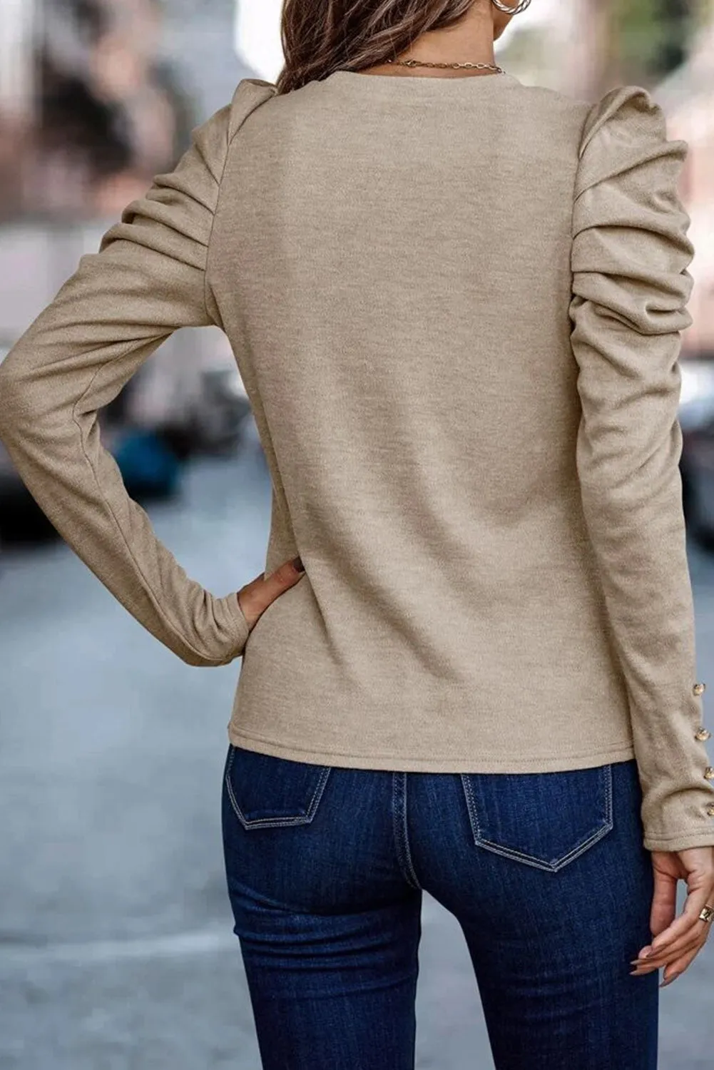 Khaki Buttoned Puff Long Sleeve Sheath Top sold by Beagle Boutique product image thumbnail 2