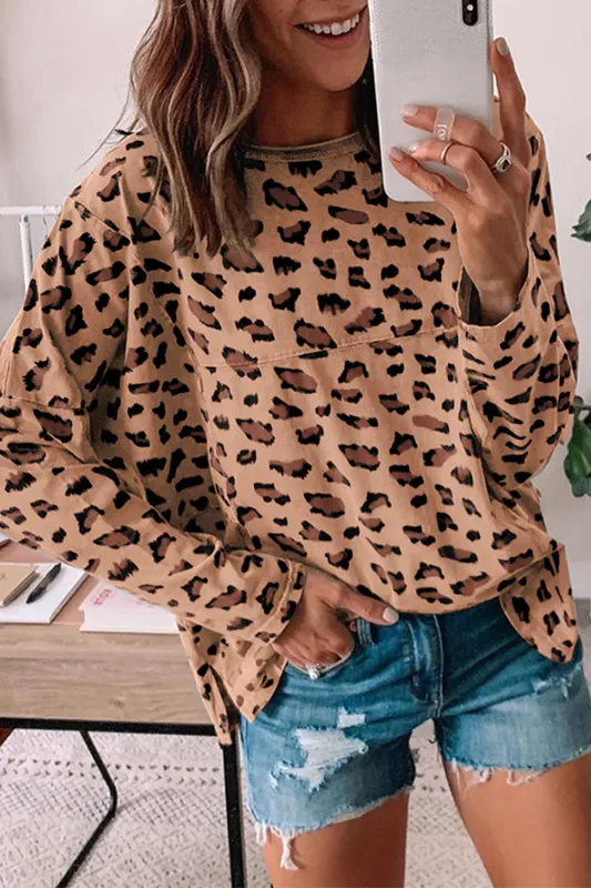 Brown Animal Print Stitching Loose Long Sleeve Top sold by Beagle Boutique