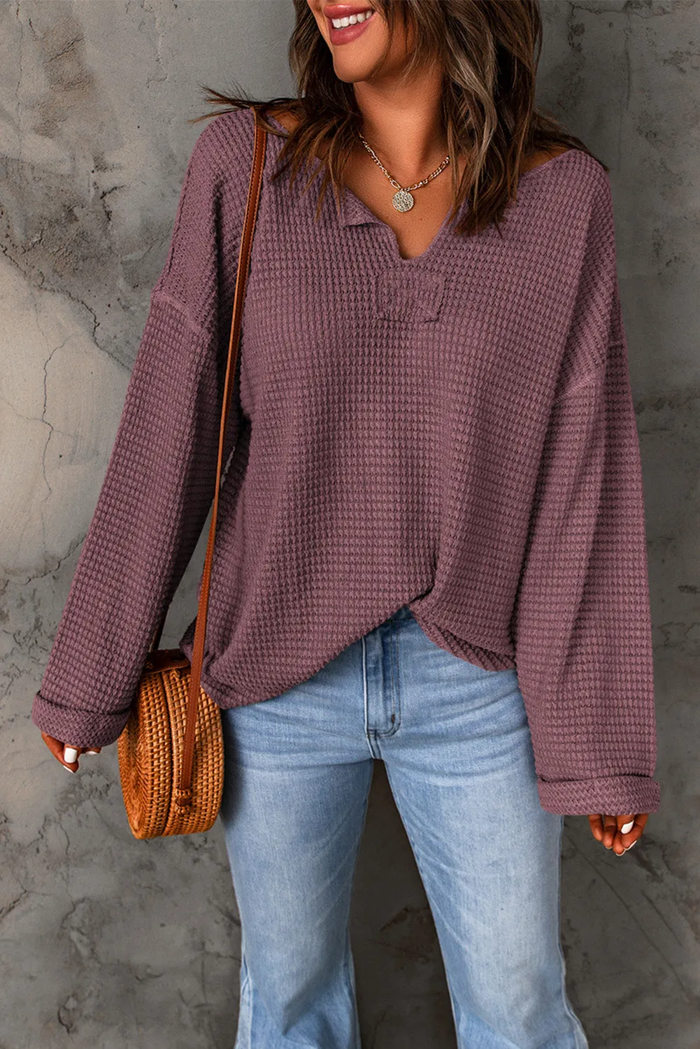 purple Waffle Knit Loose Long Sleeve Top sold by Beagle Boutique product image thumbnail 3