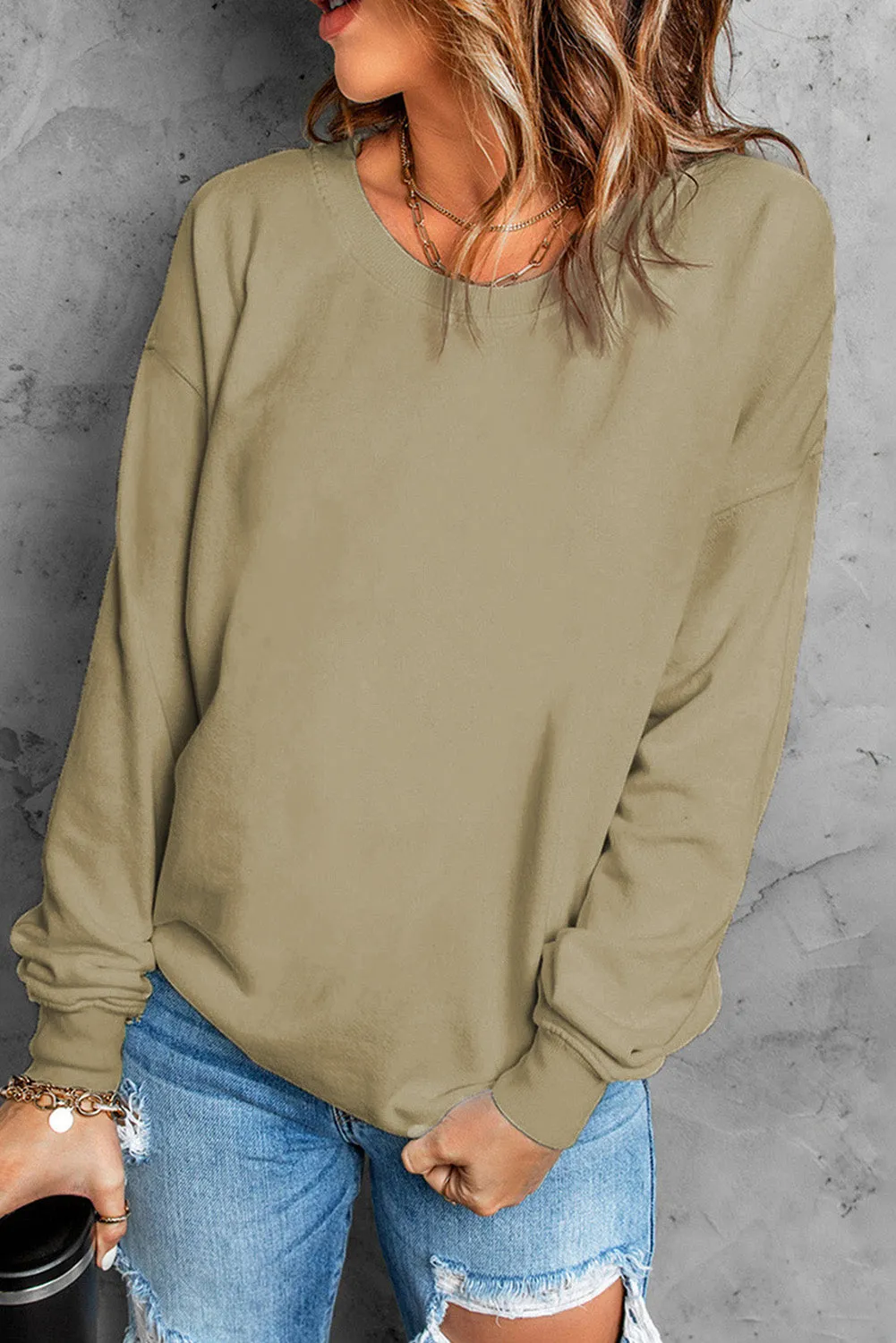 Khaki Plain Crew Neck Pullover Sweatshirt sold by Beagle Boutique