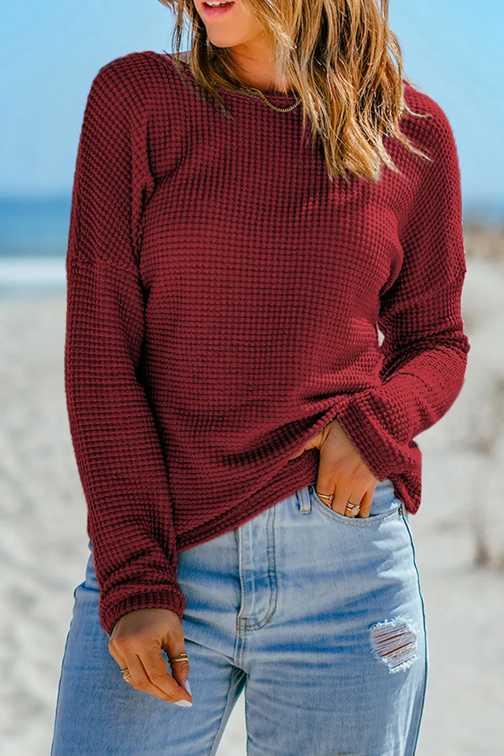 Fiery Red Waffle Knit Drop Shoulder Long Sleeve Top sold by Beagle Boutique