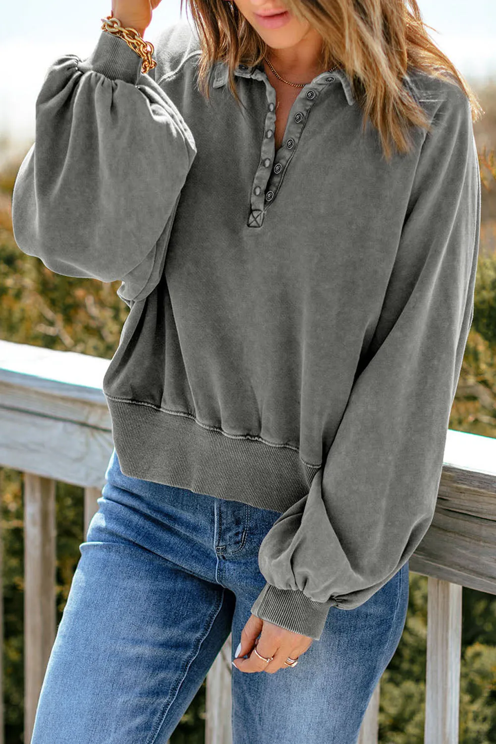 Grey Washed Snap Buttons Lantern Sleeve Pullover Sweatshirt sold by Beagle Boutique product image thumbnail 3